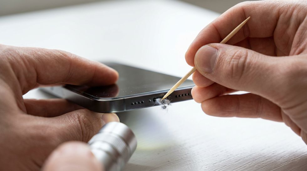 Чистка разъёма зарядки iPhone деревянной зубочисткой