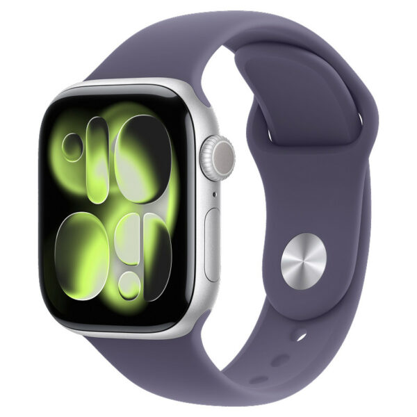 Apple Watch Series 11, 46 мм корпус из алюминия цвета Серебристый, фиолетовый спортивный ремешок