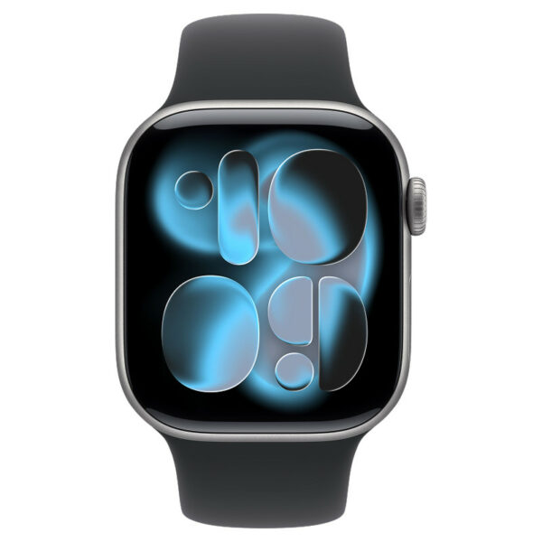 Apple Watch Series 11, 42 мм корпус из алюминия цвета Серый космос, черный спортивный ремешок