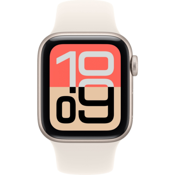Apple Watch SE 3, 40 мм корпус из алюминия цвета Сияющая звезда, белый спортивный ремешок