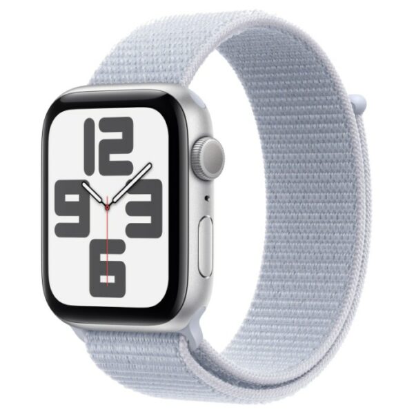 Apple Watch SE 2024, 44 мм корпус из алюминия Серебристого цвета, белый текстильный ремешок