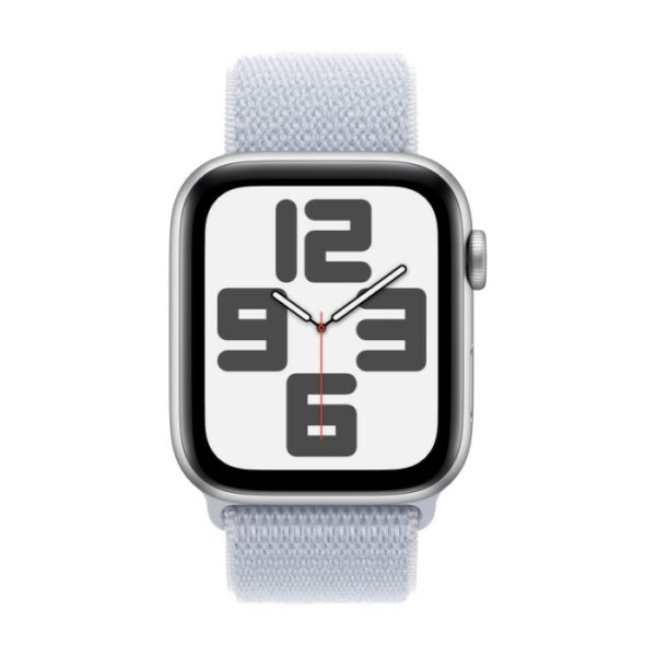 Apple Watch SE 2024, 44 мм корпус из алюминия Серебристого цвета, белый текстильный ремешок