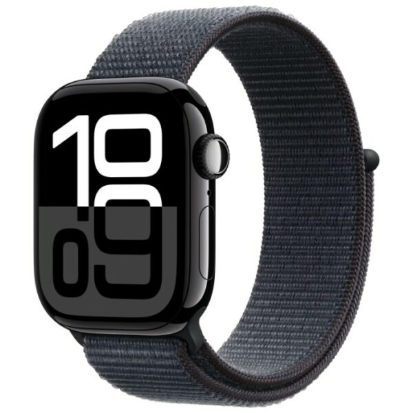 Apple Watch Series 10, 42 мм корпус из алюминия цвета Черный глянец, черный текстильный ремешок