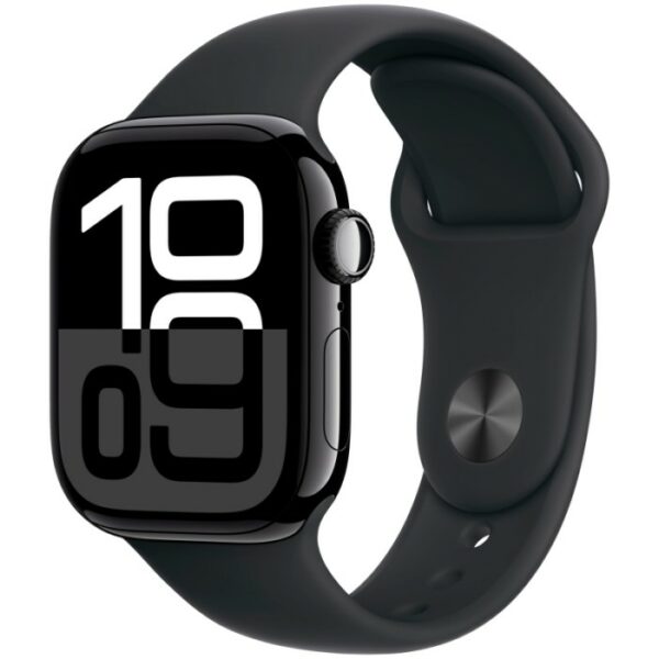 Apple Watch Series 10, 46 мм корпус из алюминия цвета Черный глянец, черный спортивный ремешок