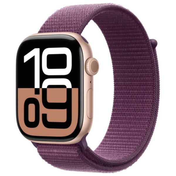 Apple Watch Series 10, 46 мм корпус из алюминия цвета Розовое золото, сливовый текстильный ремешок