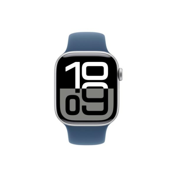 Apple Watch Series 10, 46 мм корпус из алюминия цвета Серебристый, синий спортивный ремешок