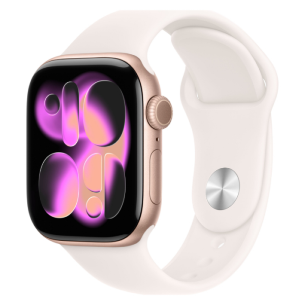 Apple Watch Series 11, 46 мм корпус из алюминия цвета Розовое золото, белый спортивный ремешок