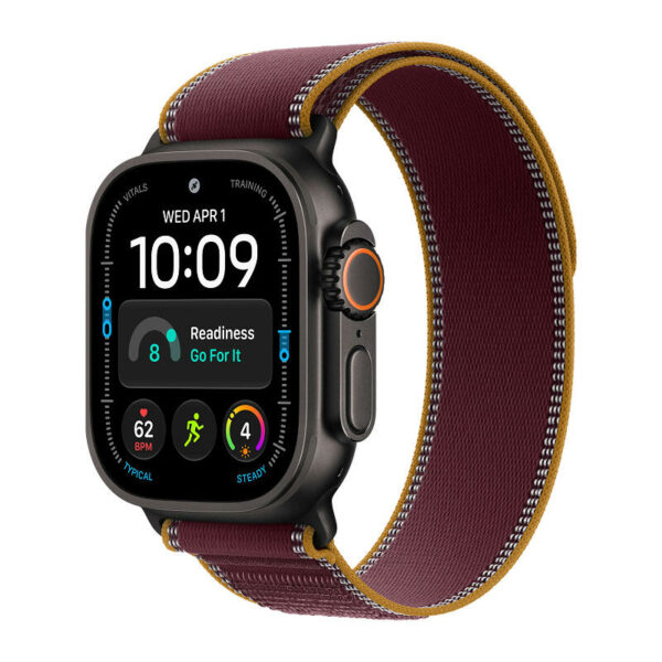 Apple Watch Ultra 4, 49 мм корпус из титана черного цвета, ремешок Trail бордовый